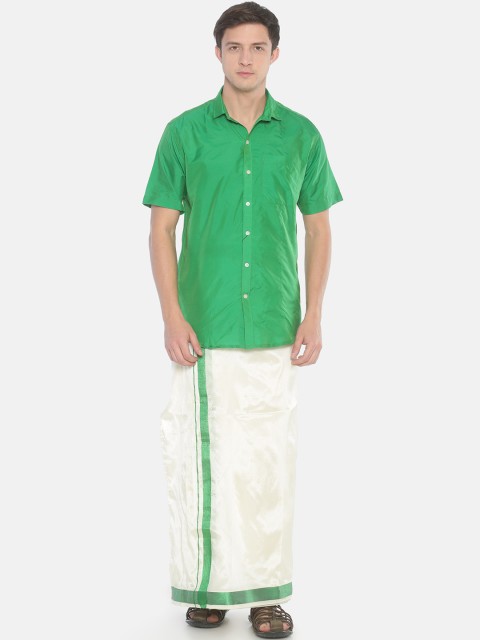 

Sethukrishna Men Green & Off-White Solid Shirt with Dhoti