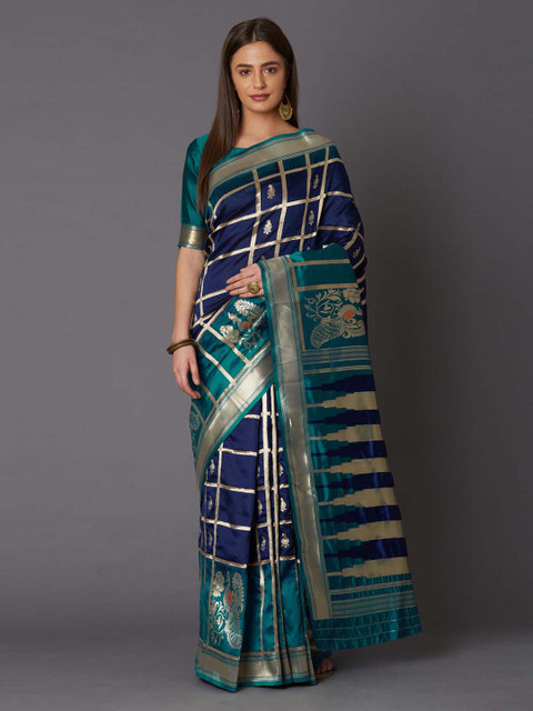 

Mitera Blue & Green Silk Blend Woven Design Banarasi Saree