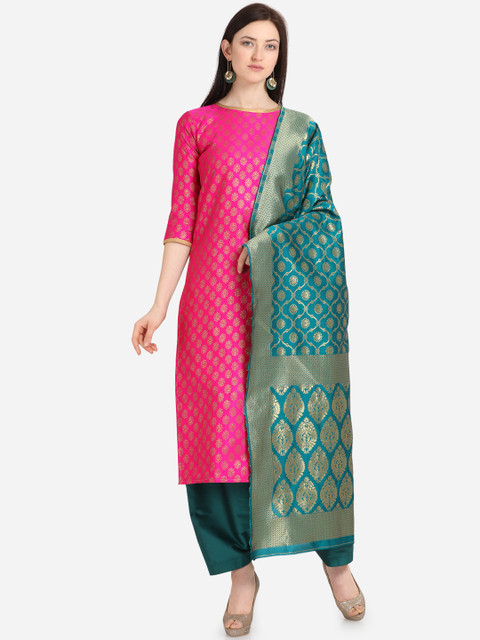 

Kvsfab Pink & Sea Green Silk Blend Unstitched Dress Material