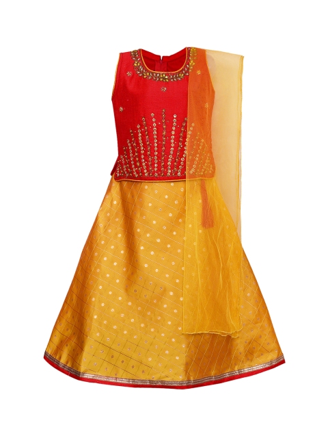 

Wish Karo Girls Red & Yellow Embellished Ready to Wear Lehenga & Blouse with Dupatta