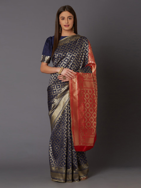 

Mitera Navy Blue Silk Blend Woven Design Banarasi Saree