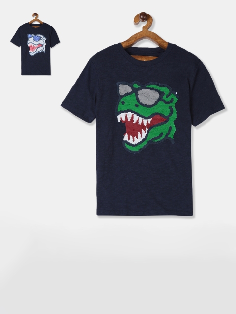 

GAP Boys Navy Blue Mermaid Sequins Self Design Round Neck T-shirt