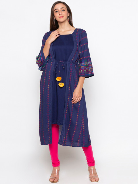 

Globus Women Navy Blue & Navy Blue Printed A-Line Layered Kurta
