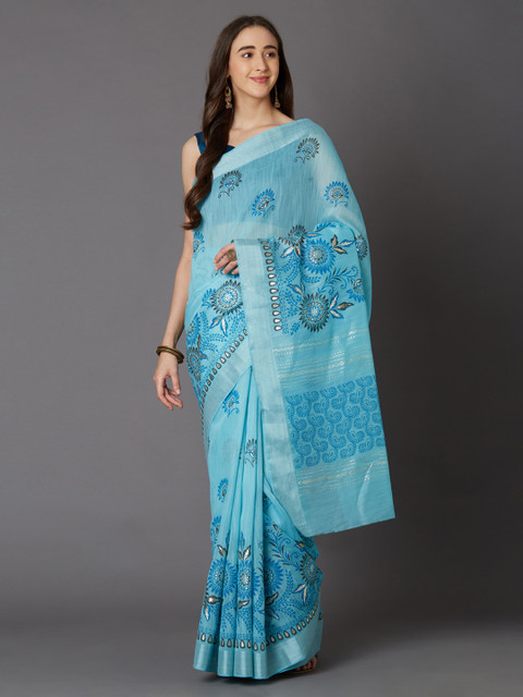 

Mitera Blue Printed Cotton Blend Saree