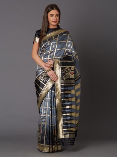 

Mitera Grey & Gold-Coloured Silk Blend Woven Design Banarasi Saree