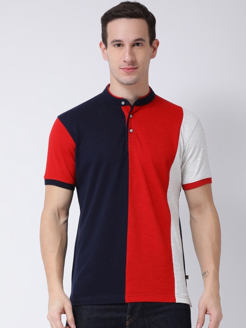 

Club York Men Navy Blue & Red Colourblocked Mandarin Collar T-shirt