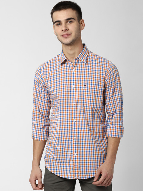 

Peter England Casuals Men Orange & Blue Slim Fit Checked Casual Shirt