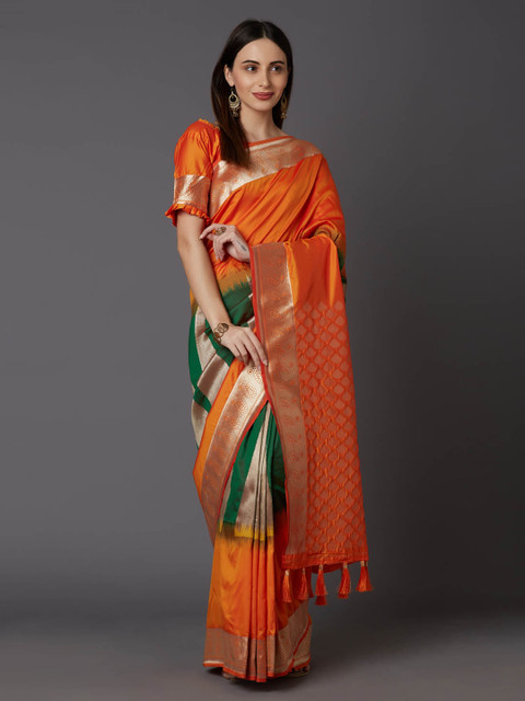 

Mitera Orange & Green Silk Blend Woven Design Banarasi Saree