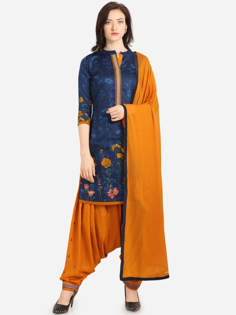 

Kvsfab Navy Blue & Orange Cotton Blend Unstitched Dress Material