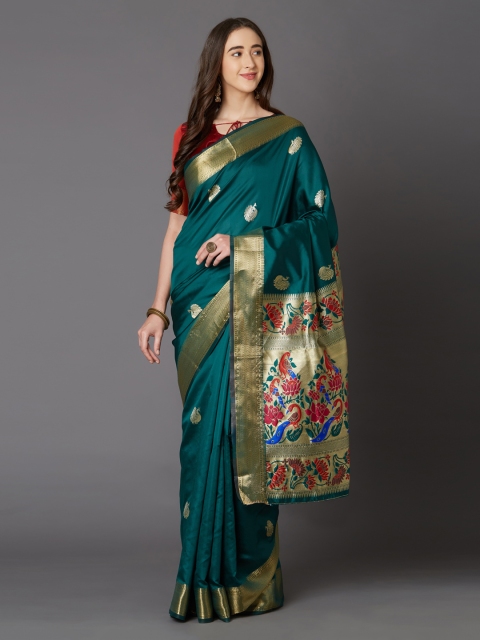 

Mitera Green & Gold-Coloured Silk Blend Woven Design Banarasi Saree