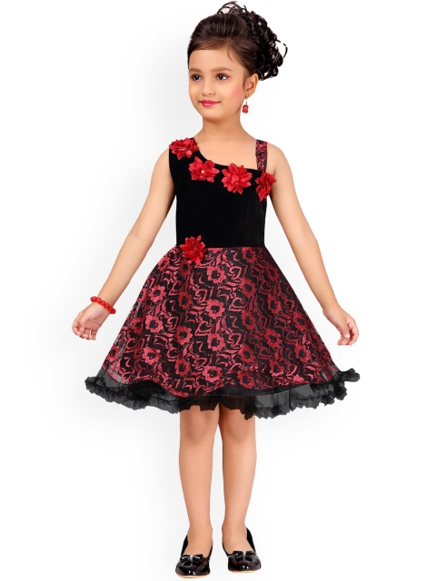 

Aarika Girls Black & Maroon Printed Fit and Flare Dress