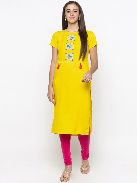

Globus Women Yellow Embroidered Straight Kurta