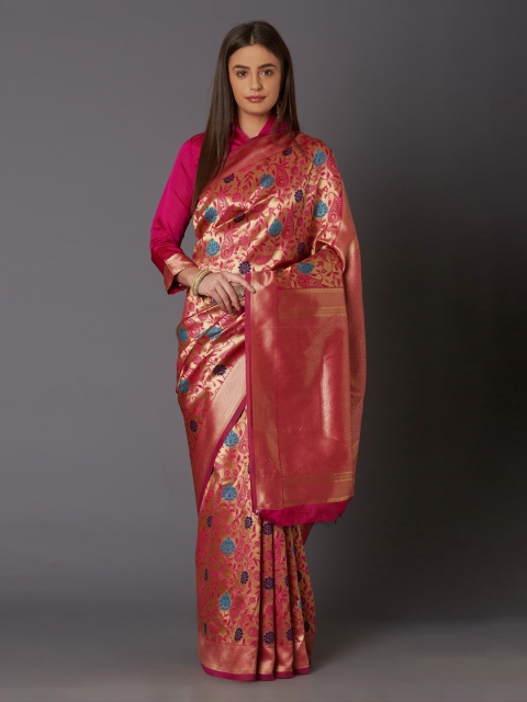 

Mitera Pink & Gold-Toned Silk Blend Woven Design Banarasi Saree