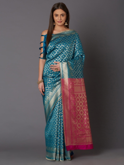 

Mitera Teal Blue Silk Blend Woven Design Banarasi Saree