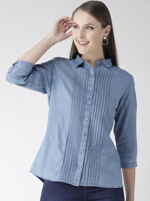 

Xpose Women Blue Classic Regular Fit Striped Denim Casual Shirt