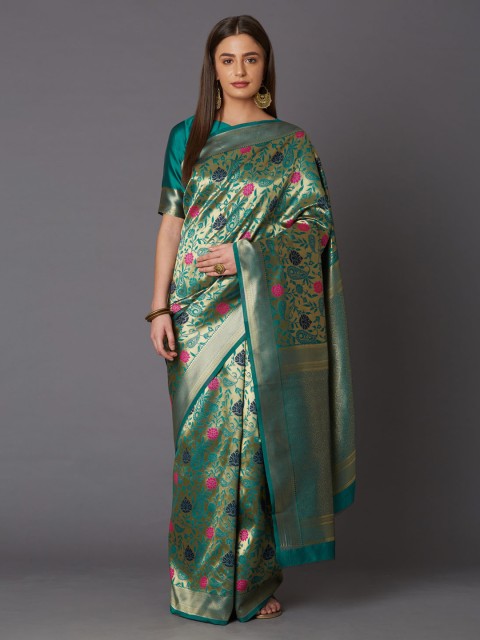 

Mitera Teal Blue & Gold-Coloured Silk Blend Woven Design Banarasi Saree