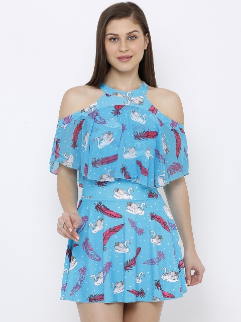 Heart 2 Heart Women Turquoise Blue & Red Printed Swimming Dress