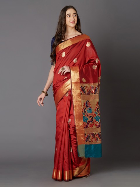 

Mitera Red & Gold-Coloured Silk Blend Woven Design Banarasi Saree