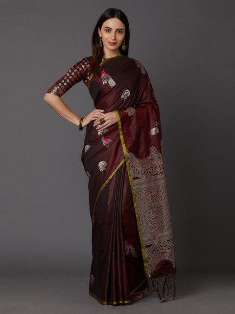 

Mitera Maroon & Silver-Toned Silk Blend Woven Design Banarasi Saree