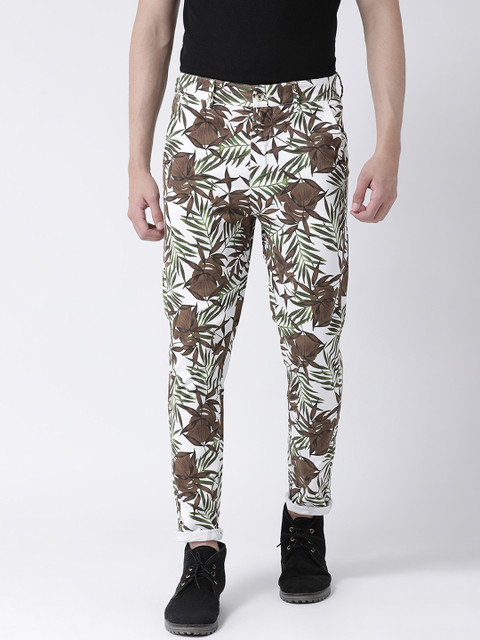 

REALM Men White & Brown Slim Fit Floral Printed Regular Trousers