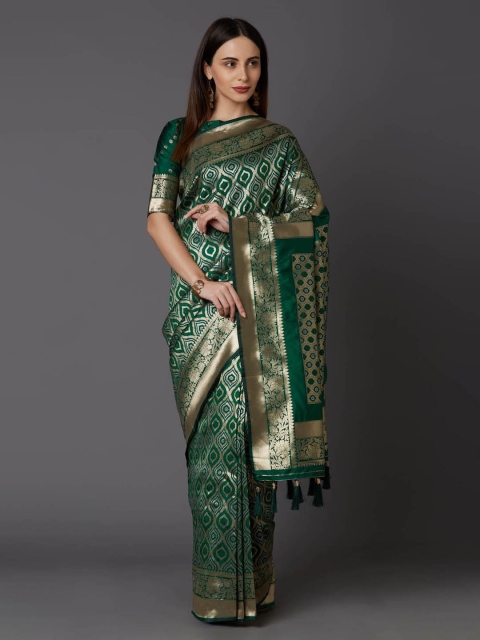 

Mitera Green & Gold-Toned Silk Blend Woven Design Banarasi Saree