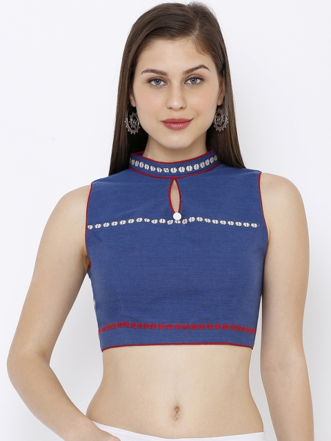 

SALWAR STUDIO Women Blue Embroidered Ikat Band Collar Readymade Saree Blouse