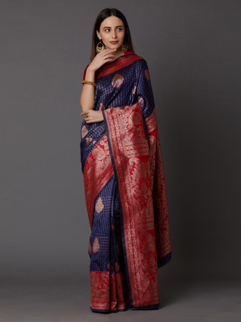 

Mitera Red & Blue Silk Blend Woven Design Banarasi Saree