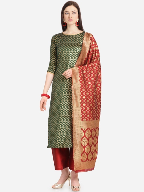 

Kvsfab Green & Red Silk Blend Unstitched Dress Material
