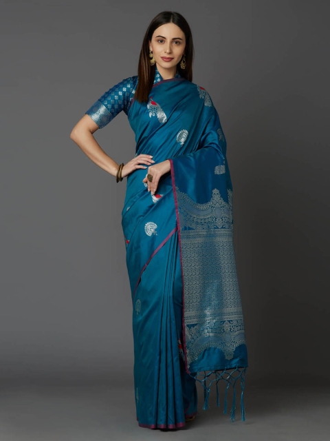 

Mitera Teal Blue & Silver-Toned Silk Blend Woven Design Banarasi Saree