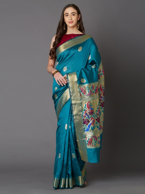 

Mitera Teal Blue Silk Blend Woven Design Banarasi Saree