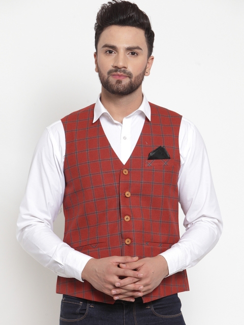 

NEUDIS Men Maroon & Purple Checked Waistcoat