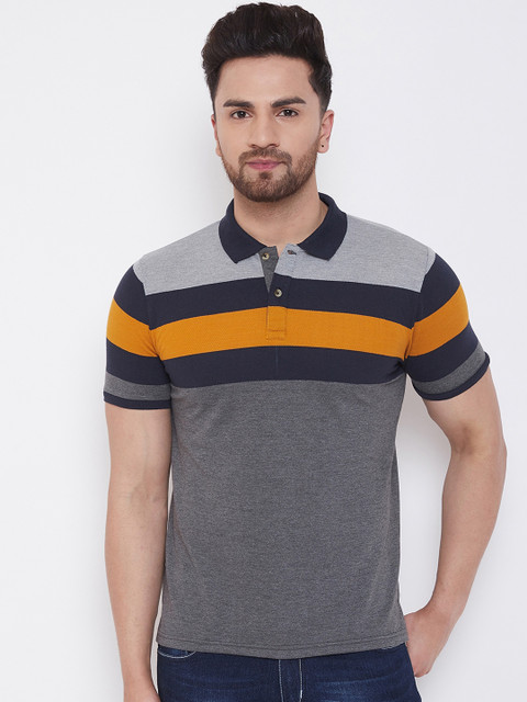 

Austin wood Men Grey & Navy Blue Striped Polo Collar T-shirt