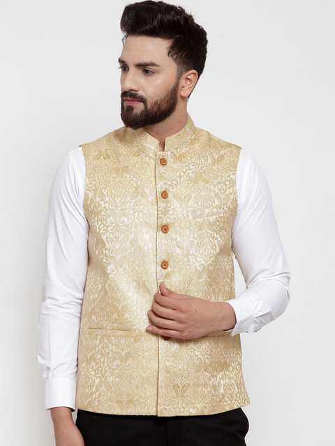 

NEUDIS Men Light Gold & Cream Coloured Woven Design Brocade Dupion Silk Nehru Jacket