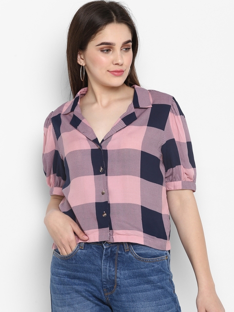 

FOSH Women Pink & Navy Blue Checked Shirt Style Top