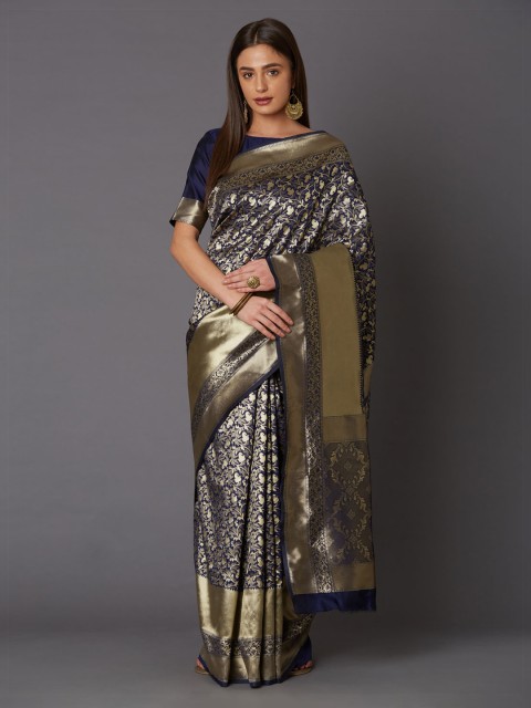 

Mitera Navy Blue Silk Blend Woven Design Banarasi Saree