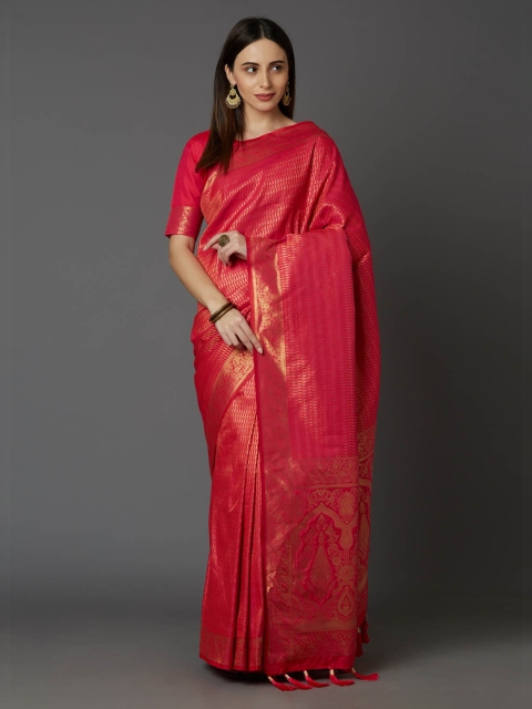 

Mitera Pink & Gold-Coloured Silk Blend Woven Design Banarasi Saree