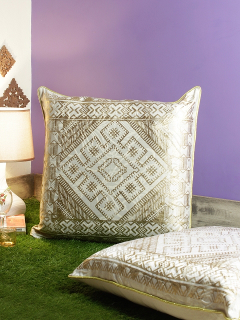 

Soumya Set of 2 Cream-Coloured & Gold-Coloured Ethnic Motifs Square Cushion Covers