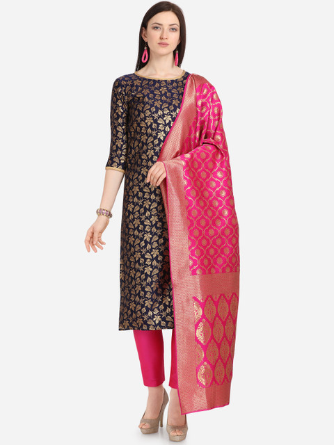 

Kvsfab Navy Blue & Pink Silk Blend Unstitched Dress Material