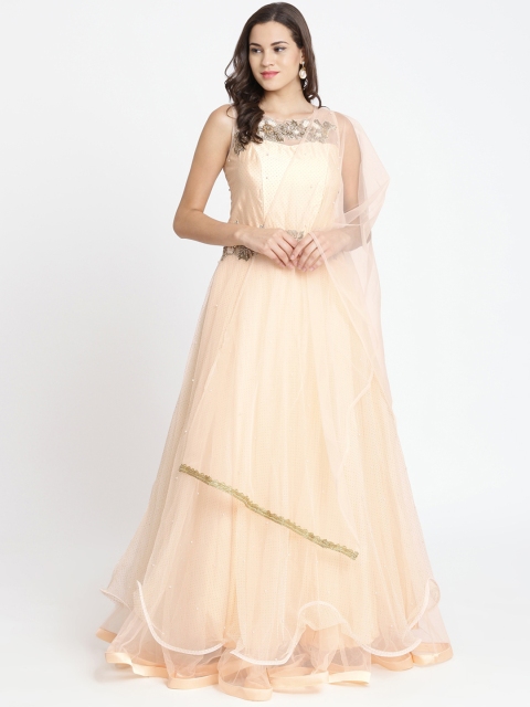

Koskii Women Peach-Coloured Embellished A-Line Dress with Dupatta