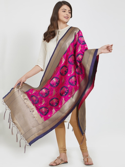 

Faserz Pink & Navy Blue Banarasi Woven Design Dupatta