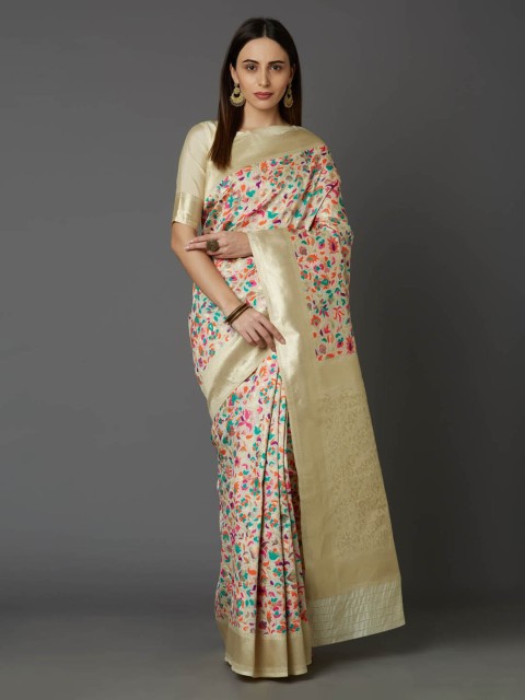 

Mitera Off-White & Orange Silk Blend Woven Design Banarasi Saree