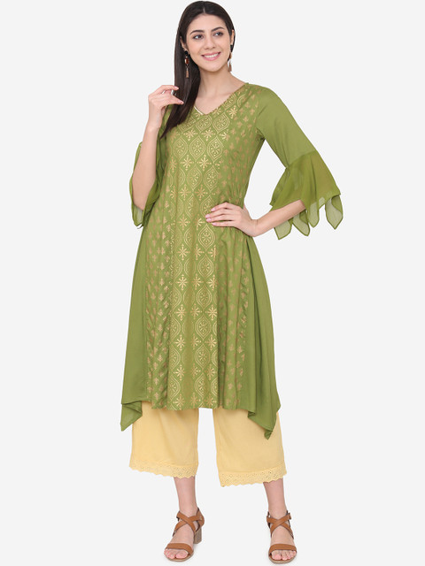 

Laabha Women Green Printed A-Line Kurta