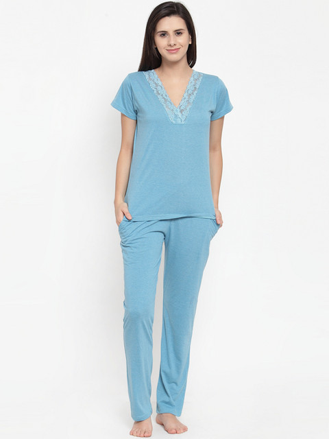 

Claura Women Turquoise Blue Solid Night suit