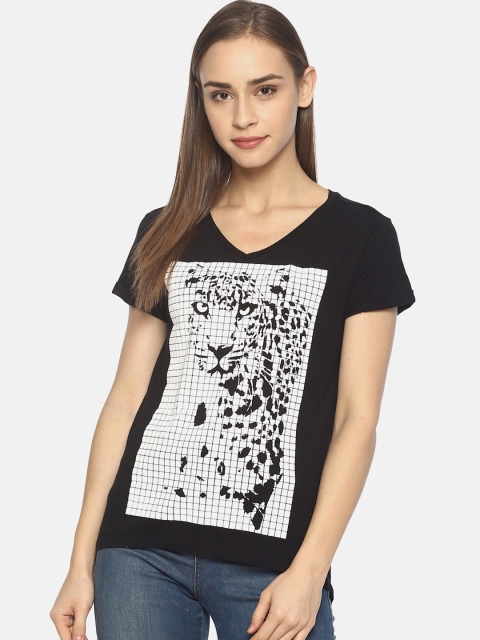 

Wolfpack Women Black Printed V-Neck T-shirt