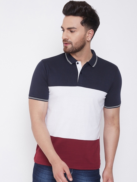 

Austin wood Men White & Navy Blue Colourblocked Polo Collar T-shirt