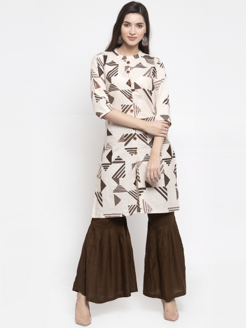 

Indibelle Women Off-White & Brown Printed Kurta with Sharara