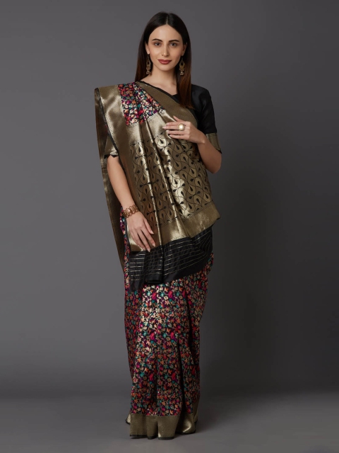 

Mitera Black & Gold-Toned Silk Blend Woven Design Banarasi Saree