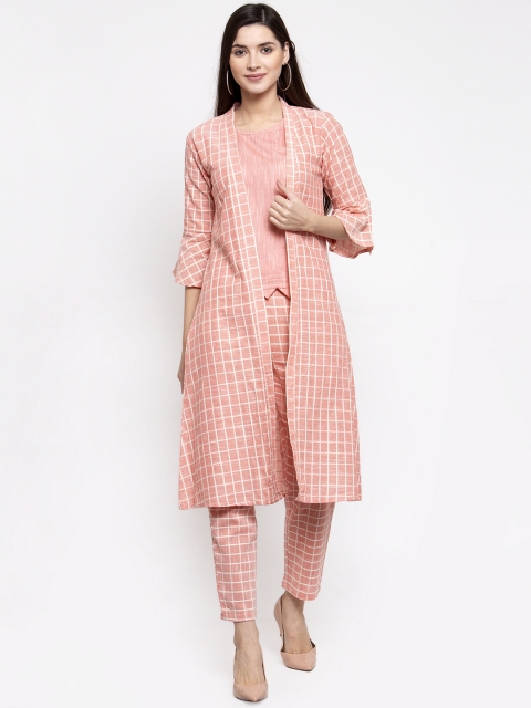

Indibelle Women Peach-Coloured & White Printed Kurti with Trousers