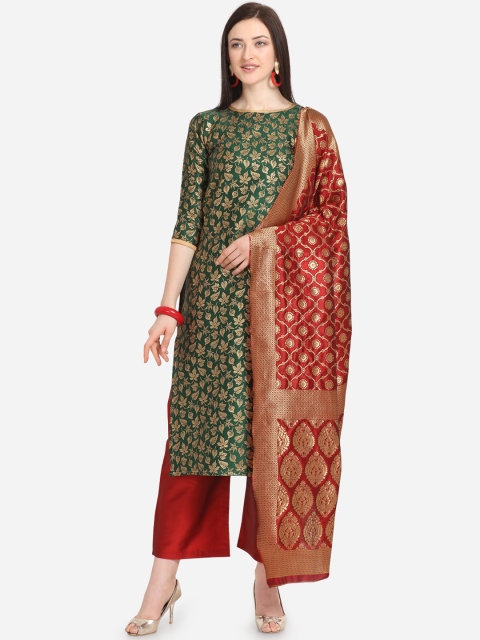 

Kvsfab Green & Red Silk Blend Unstitched Dress Material