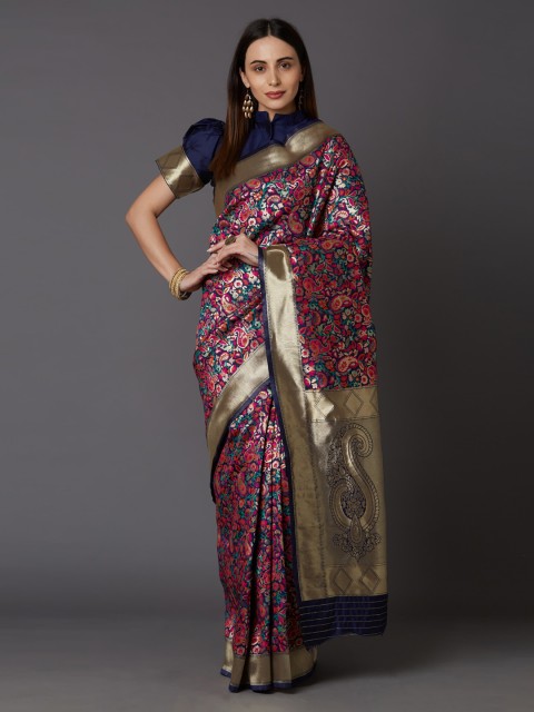 

Mitera Navy Blue & Gold-Toned Silk Blend Woven Design Banarasi Saree